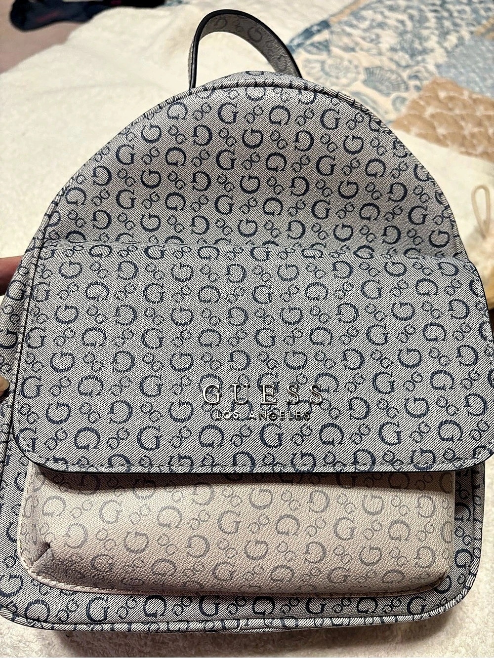 Guess Los Angeles Denim Monogram Flap Backpack Gray & Blue